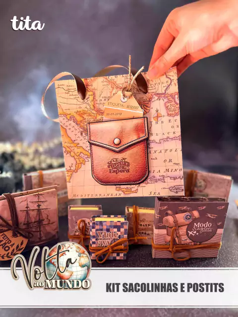 Arquivo Digital Volta ao Mundo - Kit Sacolinhas e Postits P e G