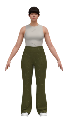 Molde de calça canelada feminina, cós alto e bolsos faca. 