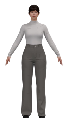 Molde de calça com modelagem reta de cintura alta, fechamento por zíper e botão, cós e bolso faca. 