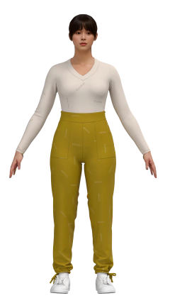 Molde de calça jogger feminina com bolsos chapado, cós alto e lastex nas costas, viés para amarração no tornozelo. Tecidos recomendados: Crepe ou tecidos semelhantes.