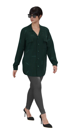 Camisa feminina alongada com acabamento frente e costas arredondadas, fechamento por botões frontal e nos punhos, bolsos e lapela no peito.