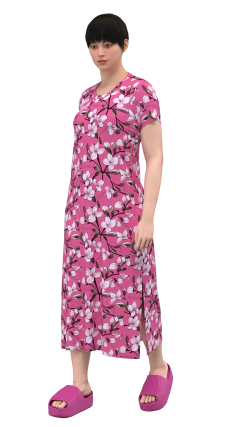 Molde de vestido feminino básico midi de manga curta, com recorte nas costas, viés na gola e fenda nas laterais. 