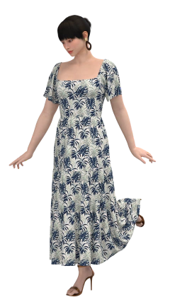 Molde de vestido feminino midi com babado três marias, recorte frente e costas, manga ciganinha, elástico na frente e mangas.