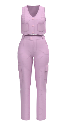 Molde de conjunto feminino de alfaiataria. Colete Cropped: recorte frente e costas, fechamento por botões, bolsos frontais. Calça: reta com pala, bolsos traseiros, bolsos cargos nas laterais, fechamento por botão e zíper na parte frontal, passante para ci