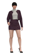 Conjunto social feminino. Casaqueto aberto com vista na parte frontal. Saia cós alto, recorte na parte da frente e fechamento com zíper nas costas. 