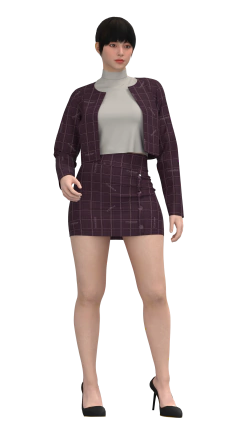 Conjunto social feminino. Casaqueto aberto com vista na parte frontal. Saia cós alto, recorte na parte da frente e fechamento com zíper nas costas. 