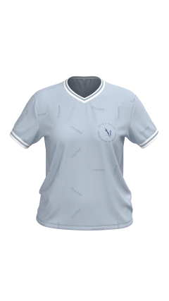 Molde de camiseta feminina soltinha decote v com detalhe em ribana na gola e nas mangas.