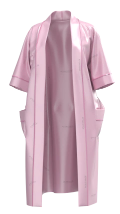 Molde de robe feminino comprimento 3/4 com bolsos nas laterais, vista frontal e faixa para amarração na cintura.