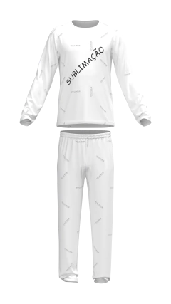 Molde de conjunto esportivo longo. Camiseta: gola tradicional com viés. Calça: com elástico no cós.