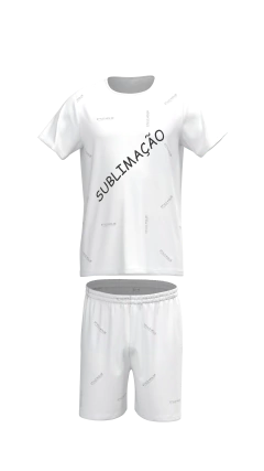 Molde de conjunto esportivo curto. Camiseta: decote tradicional com viés. Short: com elástico no cós.