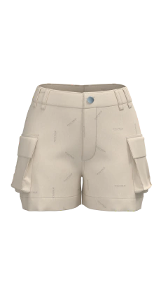 Molde de bermuda feminina de cintura alta, passante, fechamento por zíper e botões na frente. Bolso fole com lapelas nas laterais.