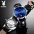 Relógio masculino mecânico automático Playboy com mostrador azul e pulseira de couro preta, vista frontal e traseira.