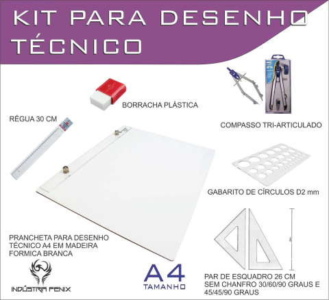Kit Desenho Técnico Prancheta Engenharia ARQUITETURA A4 FORMICA Esquadro 26 Compasso 303 GABARITO BORRACHA Regua 30 CM