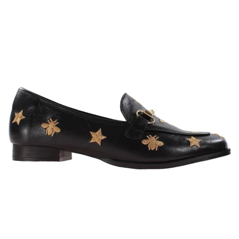 Mocassim Couro Preto Bordado