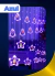 Cascata de luzes de Natal com figuras de Papai Noel e árvores, iluminada em azul.