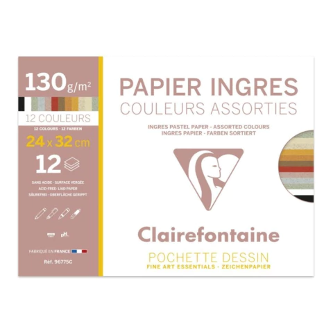Bloco Pastel Ingres 130gr 24x30cm Clairefontaine Cores Vivas 12 Folhas