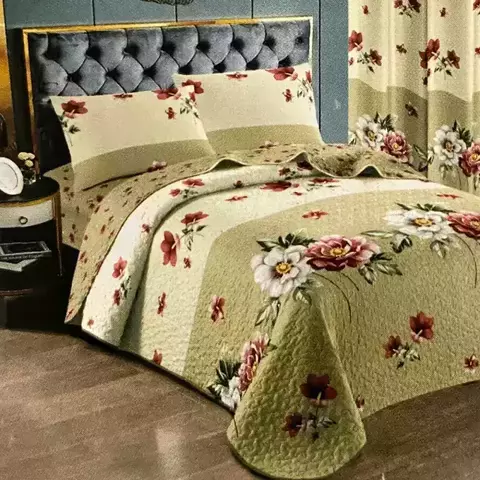 CUBRECAMA FULL 2 1/2 SET 7 PZS GOLDSUN + JGO SABANAS + CORTINAS (ESTAMPADO) - comprar online