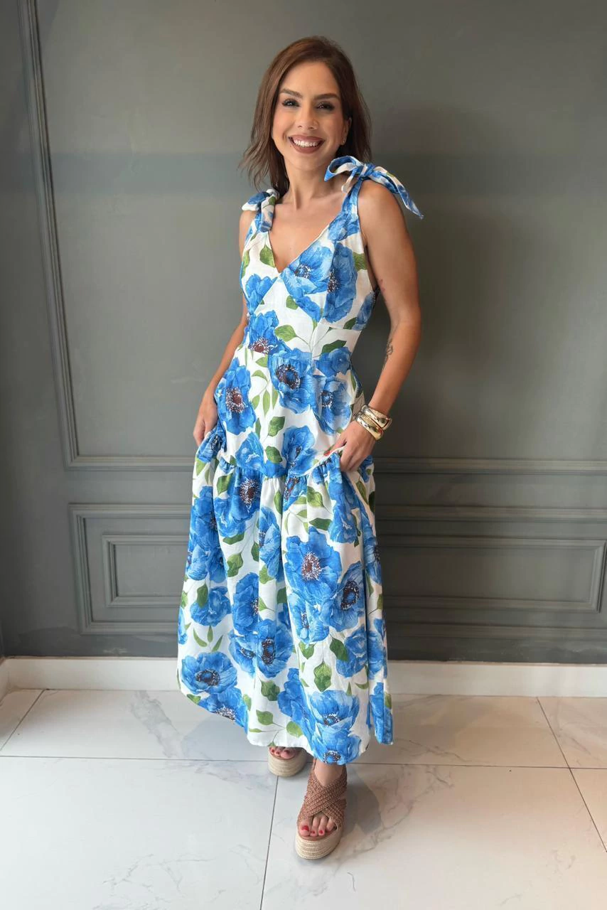 VESTIDO MIDI FLORAL COM ALÇA LAÇO AZUL