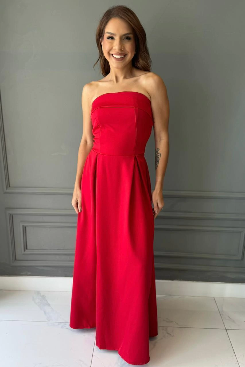 VESTIDO TOMARA QUE CAIA VERMELHO LAÇO COSTAS