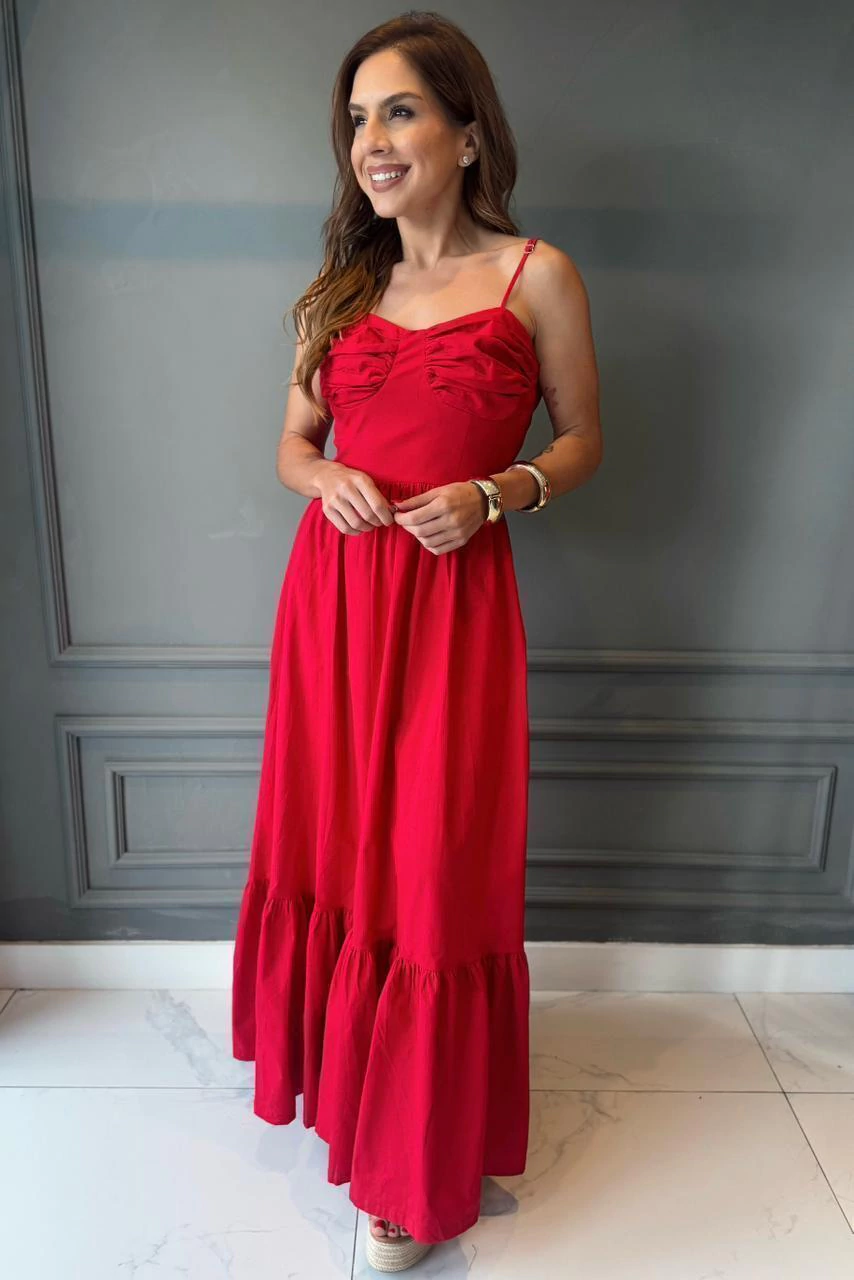 VESTIDO LONGO VERMELHO COM BUSTO DRAPEADO