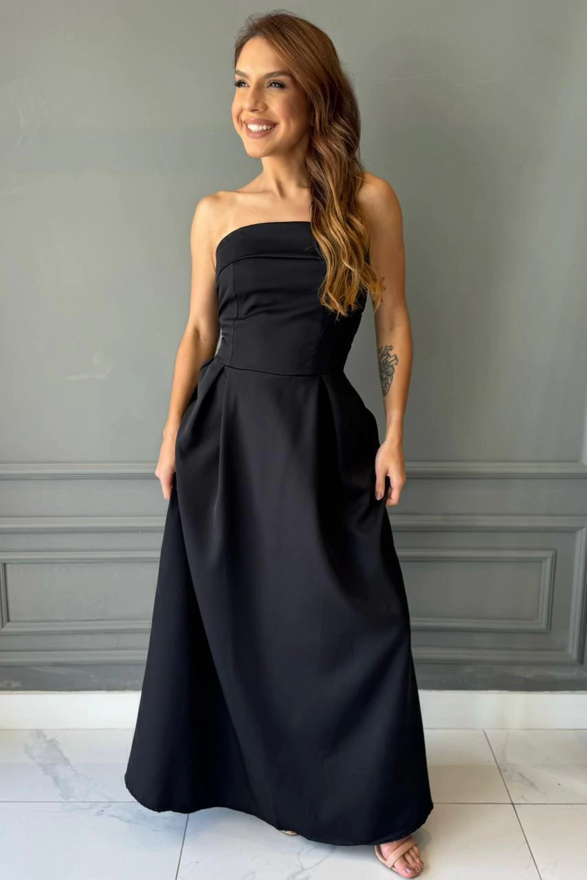 VESTIDO TOMARA QUE CAIA PRETO LAÇO COSTAS