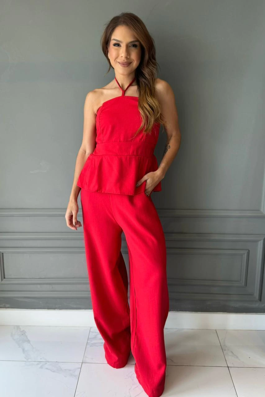 CONJUNTO DE CALÇA E BLUSA EM MARRANT VERMELHO