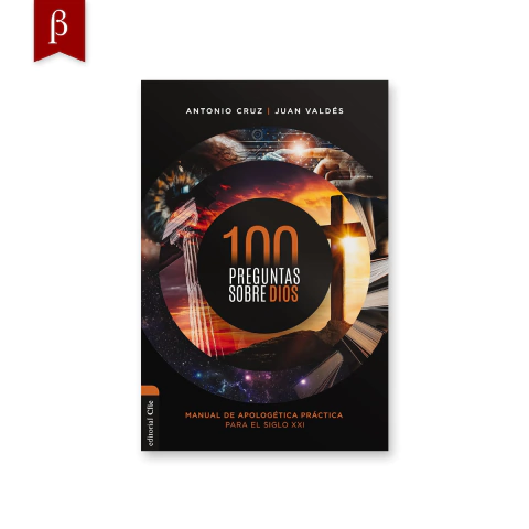 Portada del libro "100 preguntas sobre Dios" que presenta un diseño moderno con elementos visuales relacionados con la fe y la ciencia.
