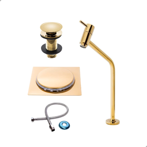 Kit Banheiro Dourado - Torneira, Válvula, Ralo e Engate 40cm