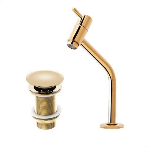 Kit Torneira Banheiro Baixa Gold + Válvula Click Dourada 1.1/4