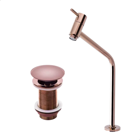 Kit Torneira Banheiro Alta Rosê Gold + Válvula Click Rosê 1.1/4