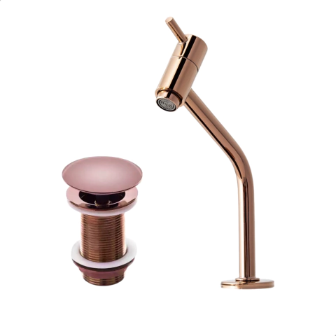 Kit Torneira Banheiro Baixa Rosê Gold + Válvula Click Rosê 1.1/4