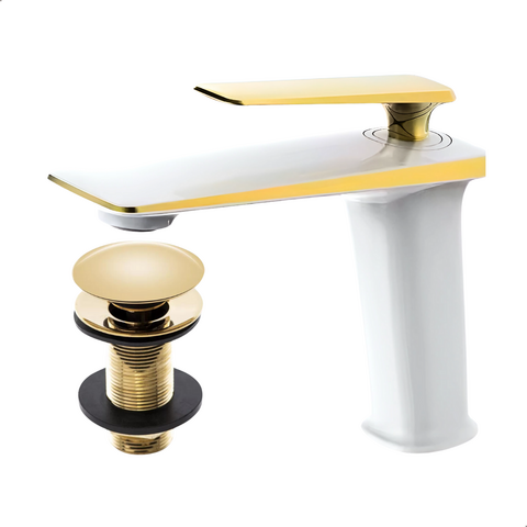 Kit Torneira Monocomando Rubi Baixa Branco/Gold + Válvula Click 7/8 Gold