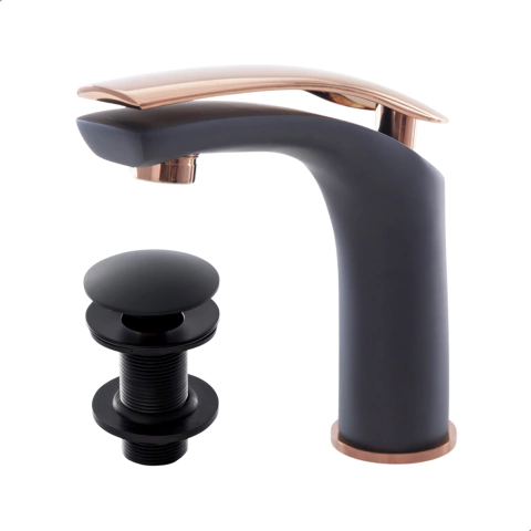 Kit Torneira Monocomando Esmeralda Baixa Preto/Rose + Válvula Click 7/8 Preta