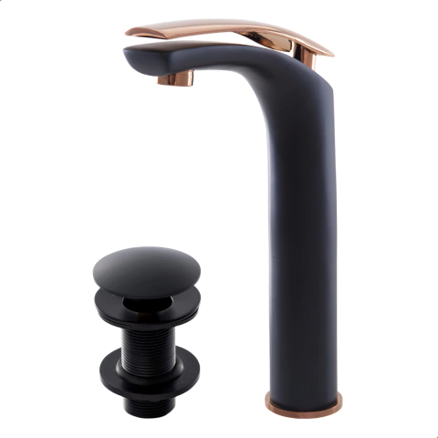 Kit Torneira Monocomando Esmeralda Alta Preto/Rose + Válvula Click 7/8 Preta