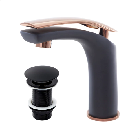 Kit Torneira Monocomando Esmeralda Baixa Preto/Rose + Válvula Click 1.1/4 Preta