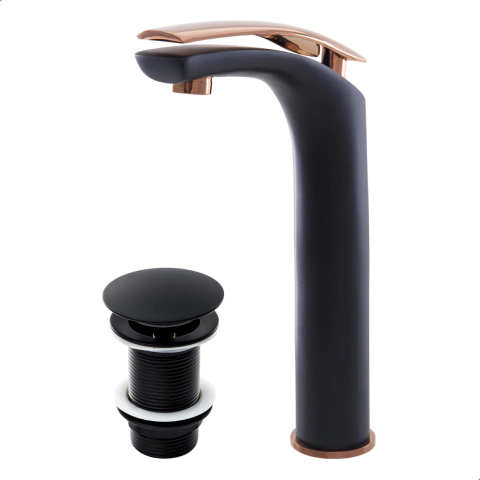 Kit Torneira Monocomando Esmeralda Alta Preto/Rose + Válvula Click 1.1/4 Preta