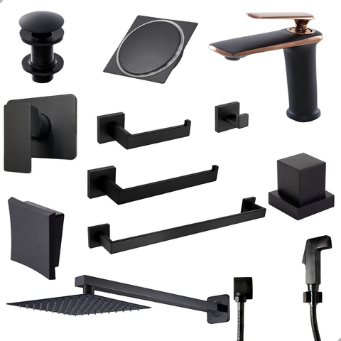 Kit Acessórios Banheiro Luxo Rubi Preto Fosco Completo - Padrão Docol - Soft Inox