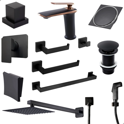 Kit Acessórios Banheiro Luxo Rubi Preto Fosco Completo - Padrão Deca - Soft Inox