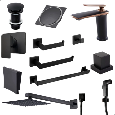 Kit Acessórios Banheiro Luxo Rubi Preto Fosco Completo - Padrão Docol - Soft Inox