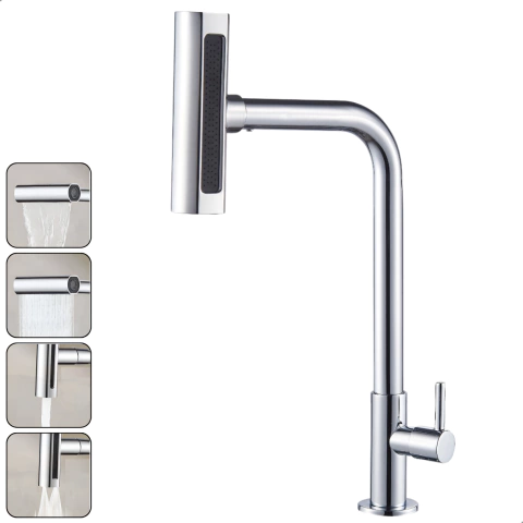 Torneira Gourmet 4 Jatos Rotativa Cozinha Bancada em Metal Multifuncional Cromada