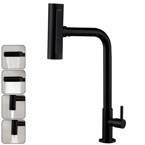 Torneira Gourmet 4 Jatos Rotativa Cozinha Bancada em Metal Multifuncional Preto Fosco