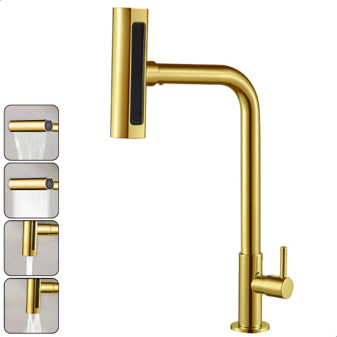 Torneira Gourmet 4 Jatos Rotativa Cozinha Bancada em Metal Multifuncional Dourada - comprar online