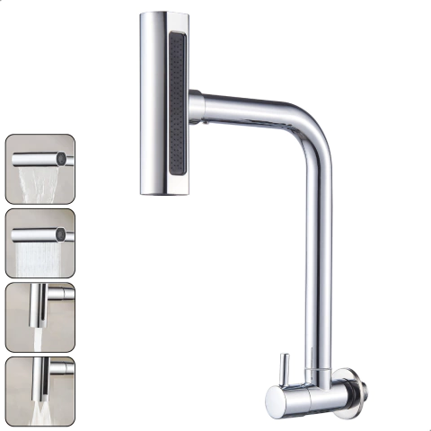 Torneira Gourmet 4 Jatos Rotativa Cozinha Parede em Metal Multifuncional Cromada