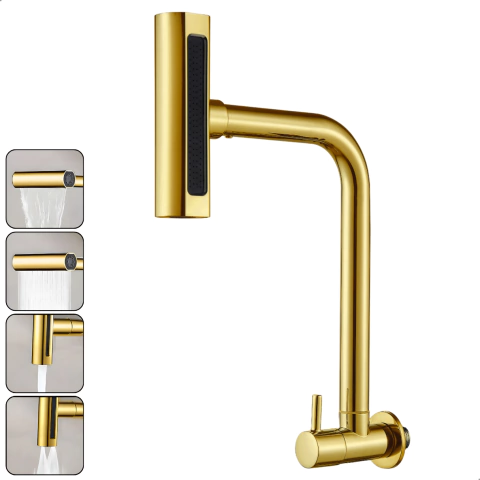 Torneira Gourmet 4 Jatos Rotativa Cozinha Parede em Metal Multifuncional Dourada
