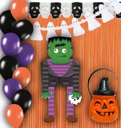 Kit Combo Decoracion Halloween Globos Guirnalda Cortina