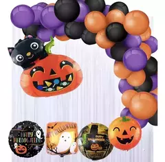 Kit Combo Decoracion Halloween Globos Guirnalda Cortina