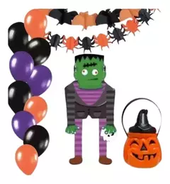 Kit Combo Decoracion Halloween Globos Guirnalda Cortina