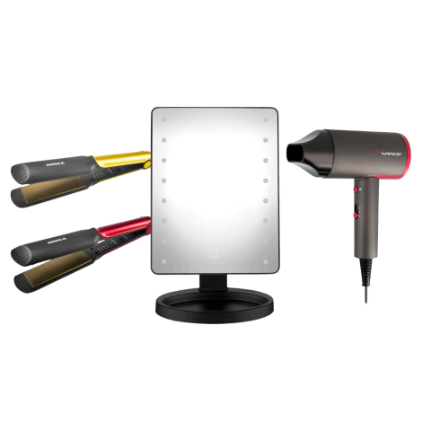 Combo Cuidado Personal: Espejo LED + Secador 2000W + Plancha para Cabello