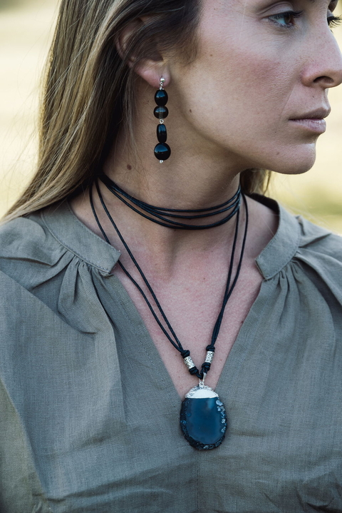 Aros Tobas - Vidrio Negro & Plata 925