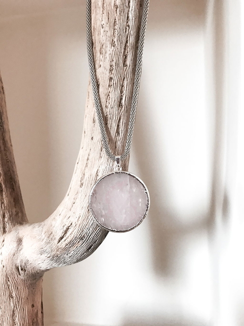 Collar AC - Cuarzo Rosa redondo grande Plata & Cadena Acero